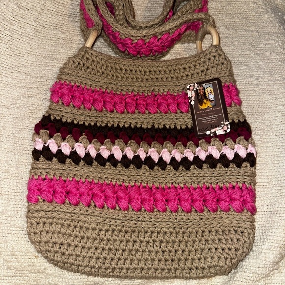 NWT Handcrafted Pink and Tan Crochet Crossbody Bag - Picture 3 of 13
